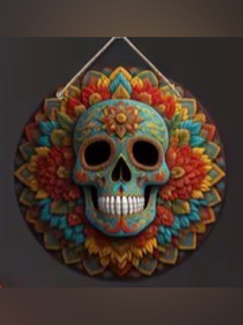 Sugar Skull Day of the Dead Teal Multi Decorative Round Wooden Sign Pre-Drilled